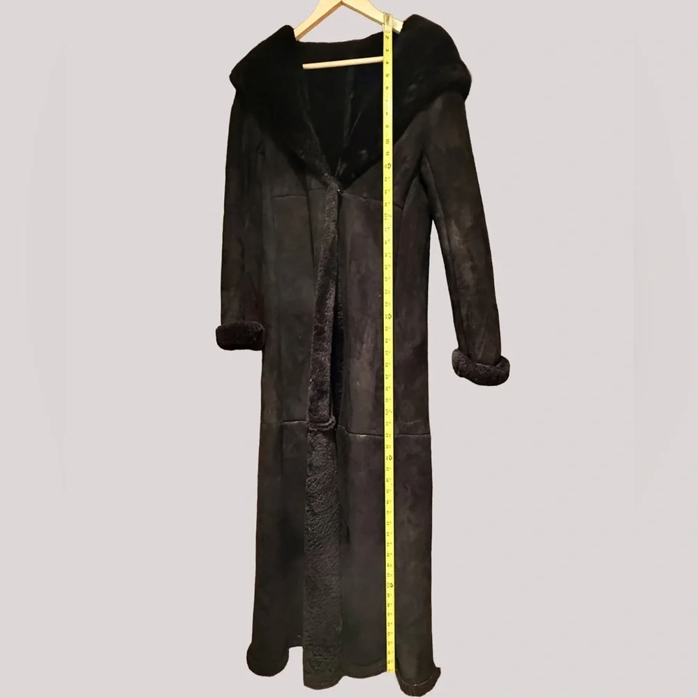 Women’s Long Black Shearling with Hood - Picture 3 of 4